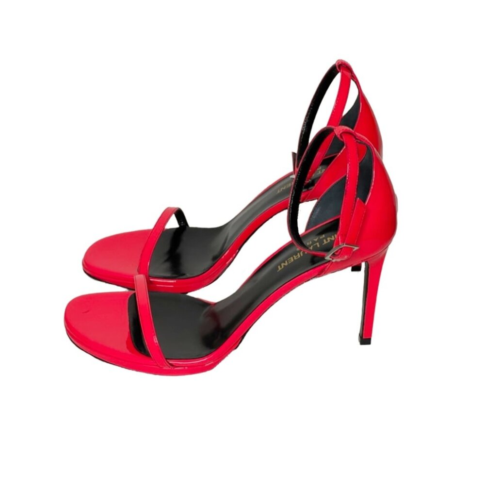 Saint Laurent | Patent Calfskin Amber 105 Ankle Strap Sandals in Fuchsia Pink - Picture 2 of 9